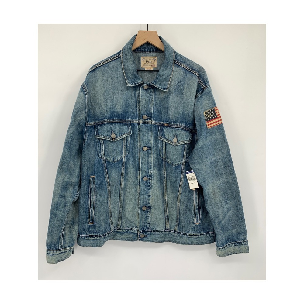 Polo Ralph Lauren Denim Trucker Jacket Mens 1XB Blue American Flag Patch USA NEW